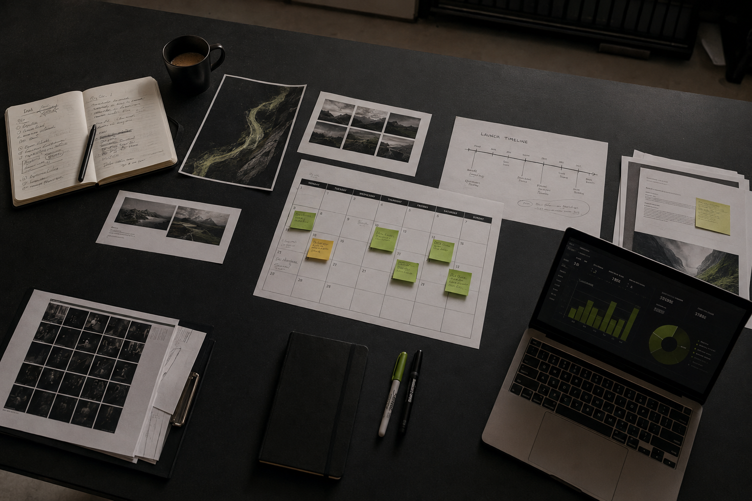 Campaign planning desk with content calendar, launch timeline, shot lists and performance dashboard