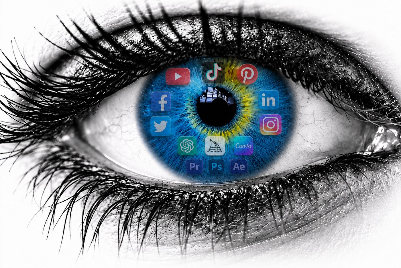 Close-up of an eye with social media app icons in the iris, representing social media management