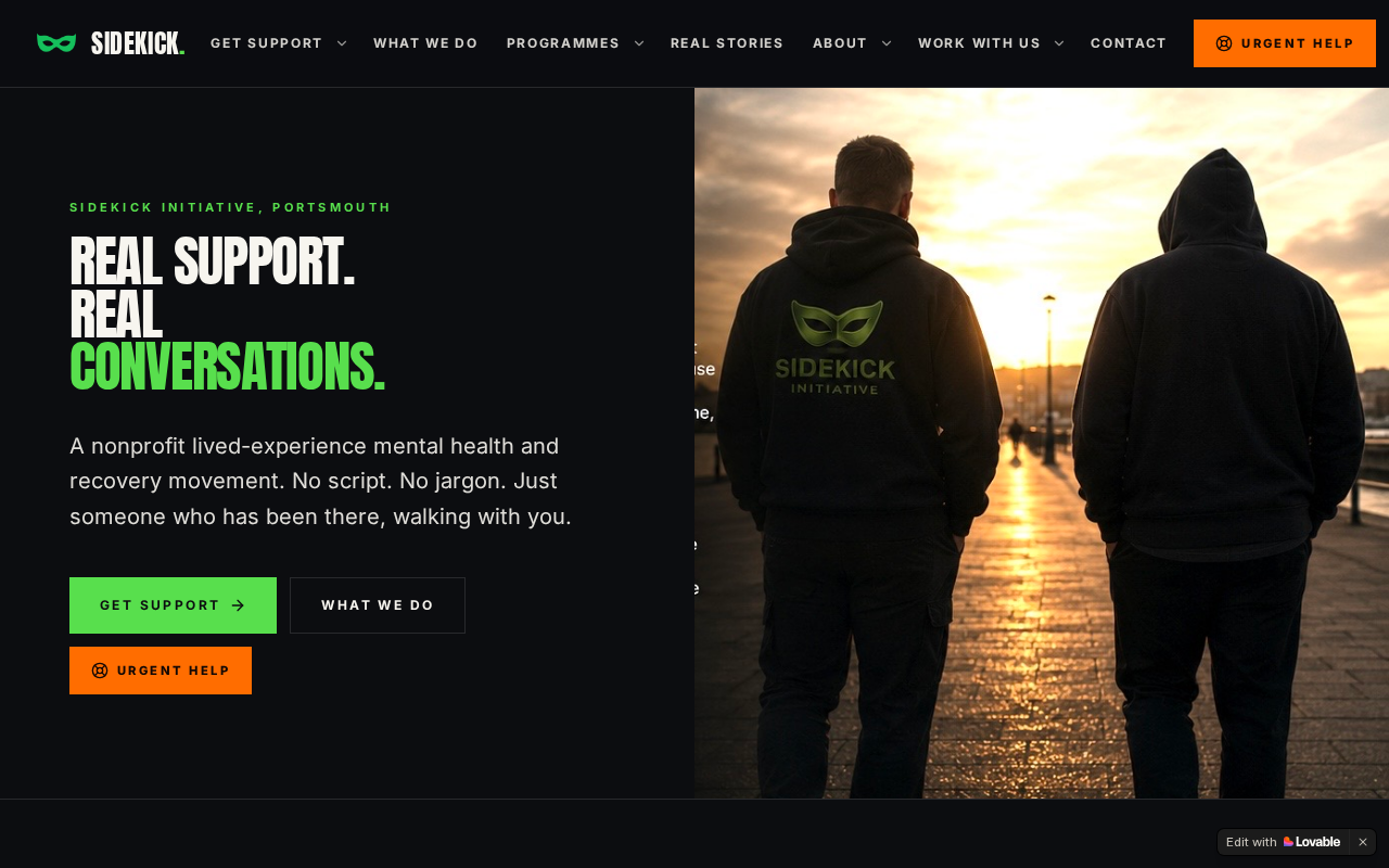 Homepage of The Sidekick Initiative website built by Creative Media Digital UK